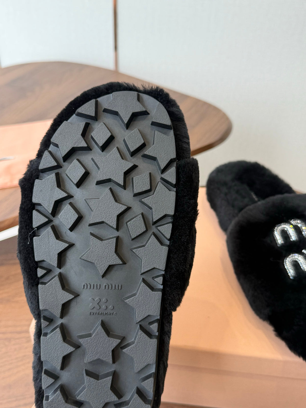 Miumiu 26s Crystal Logo Slides Black Shearling