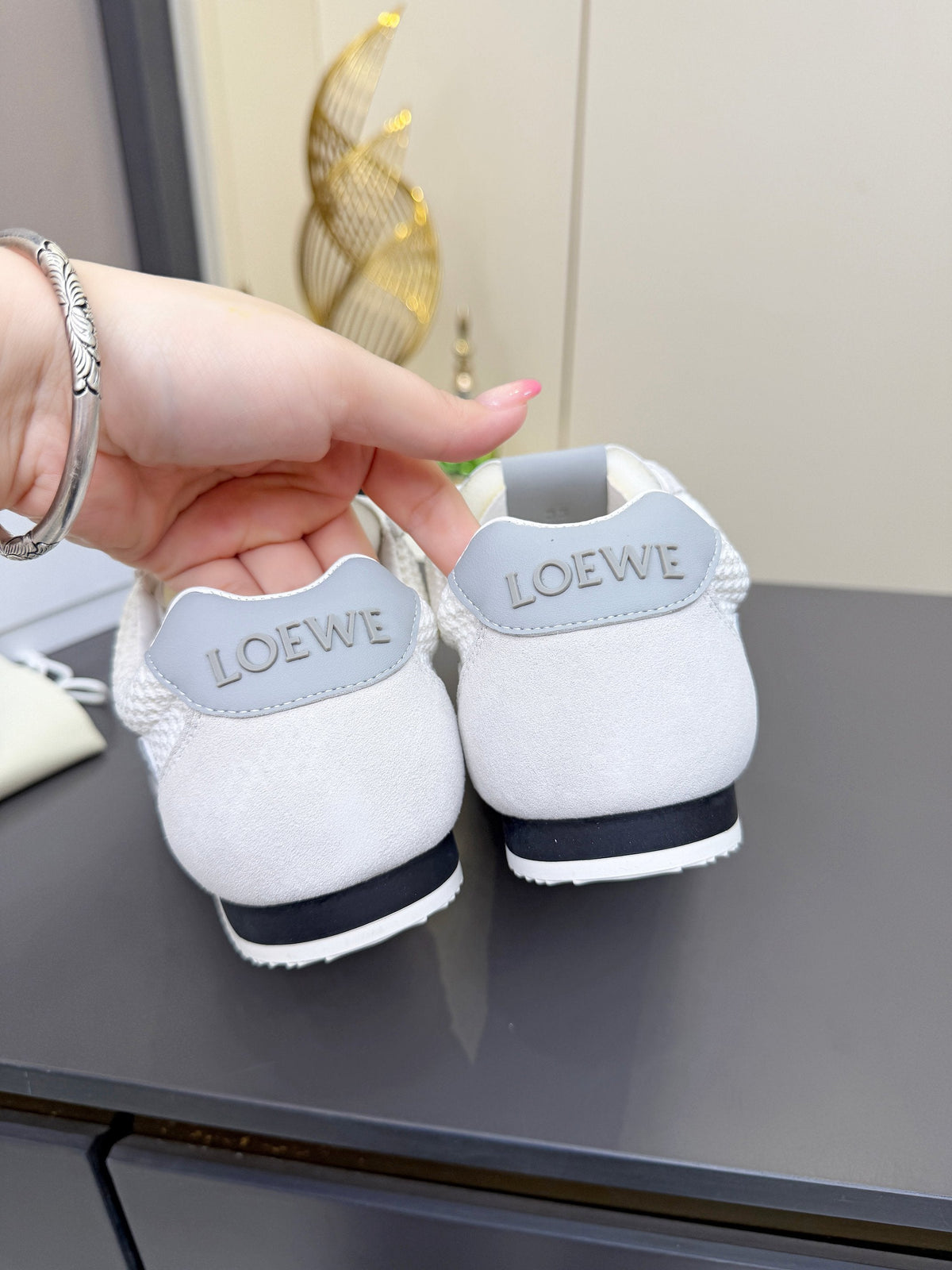 Loewe 26S Runner 2.0 Sneakers in Light Grey Suede and White Mesh Fabric