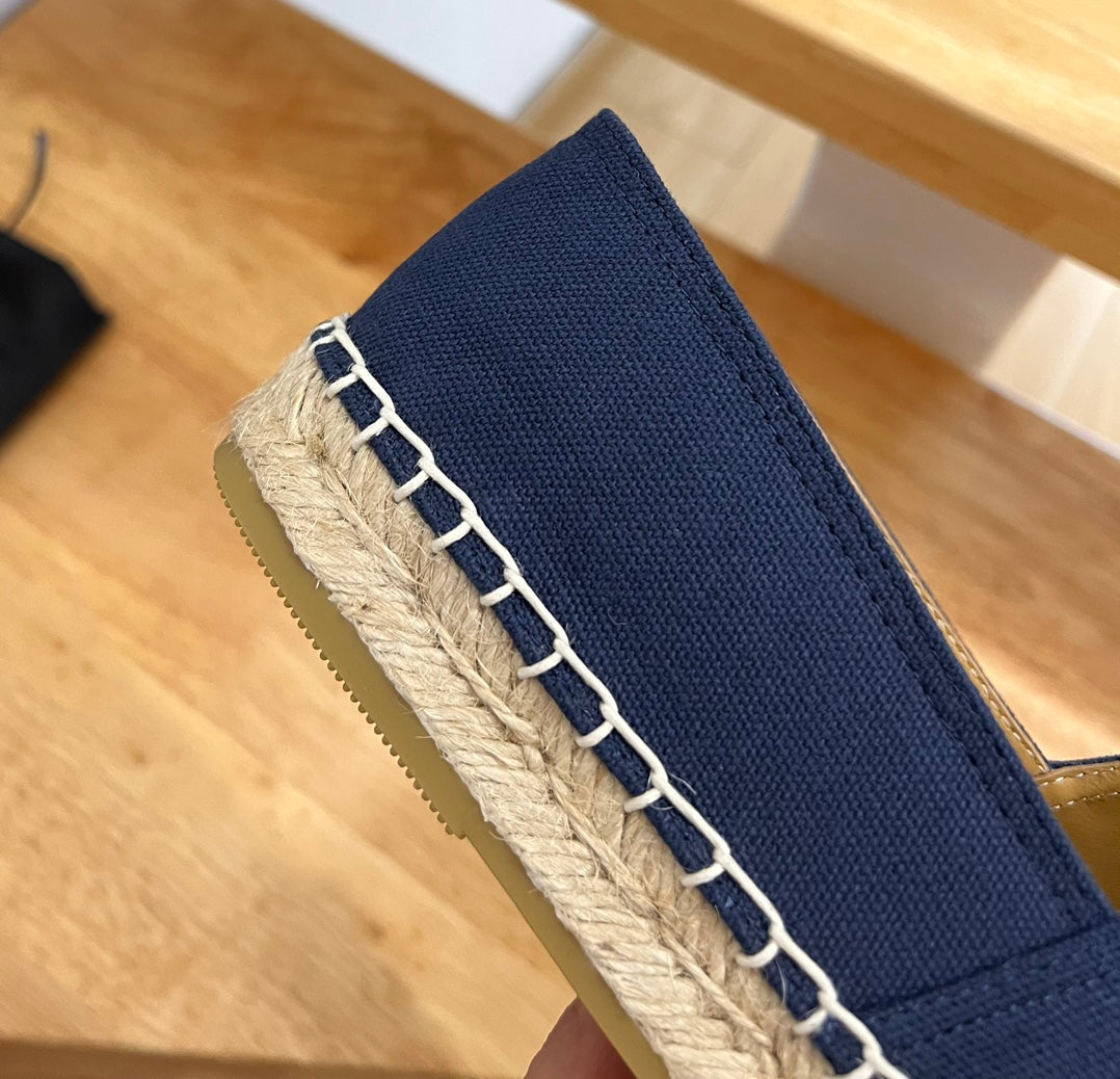 Prada 26s Embroidered Logo Espadrille Flats Navy Blue Canvas