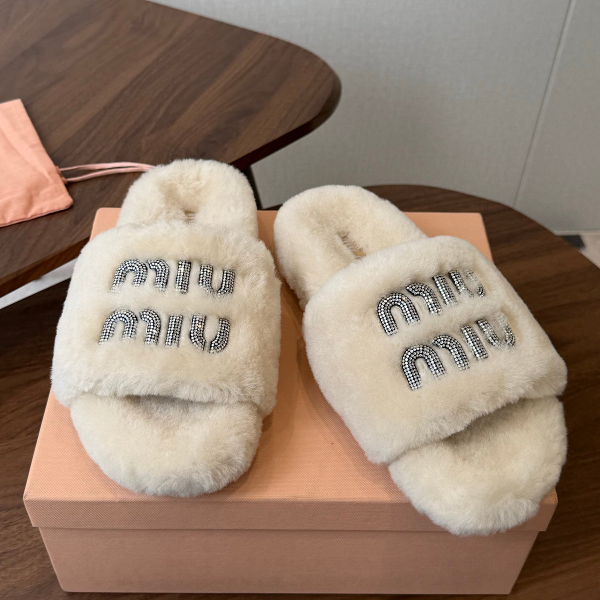 Miumiu 26s Crystal Logo Slides Light Beige Shearling