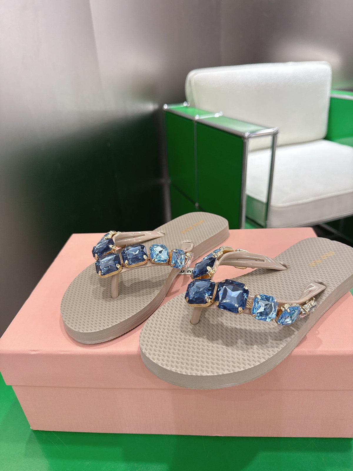 Miumiu 26s Thong Sandals Beige Eva Crystal-embellished