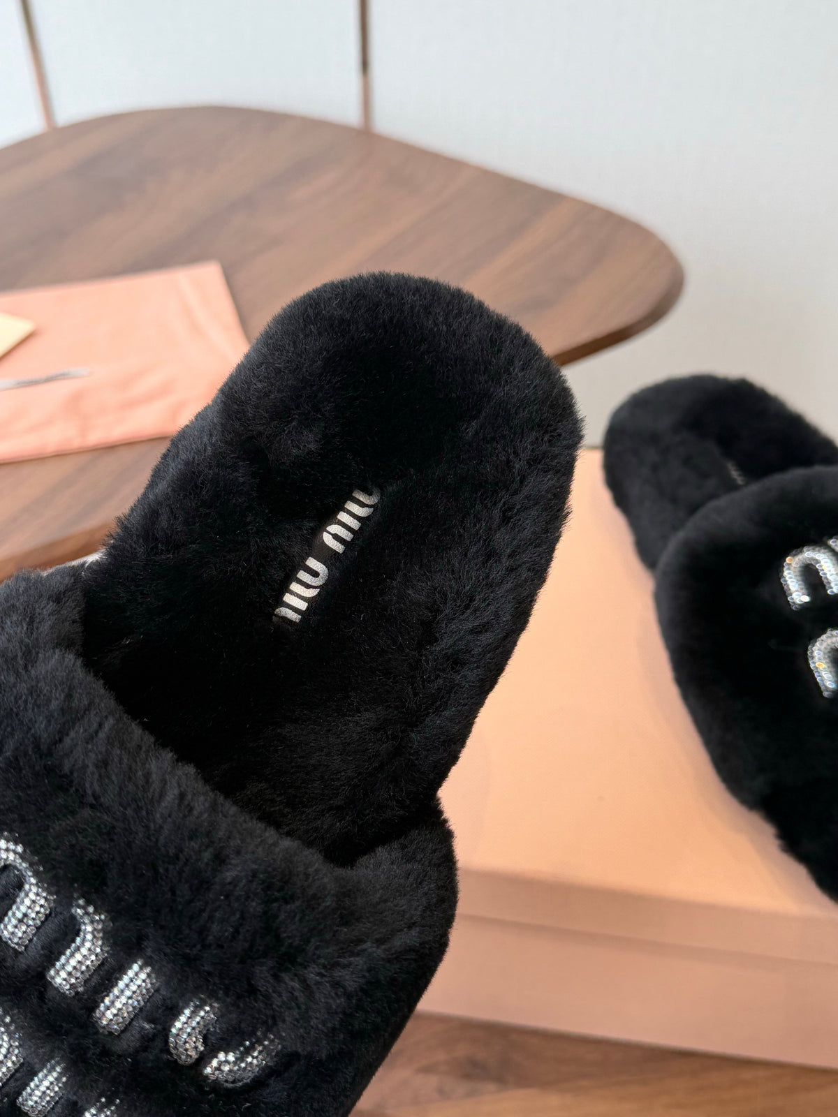 Miumiu 26s Crystal Logo Slides Black Shearling