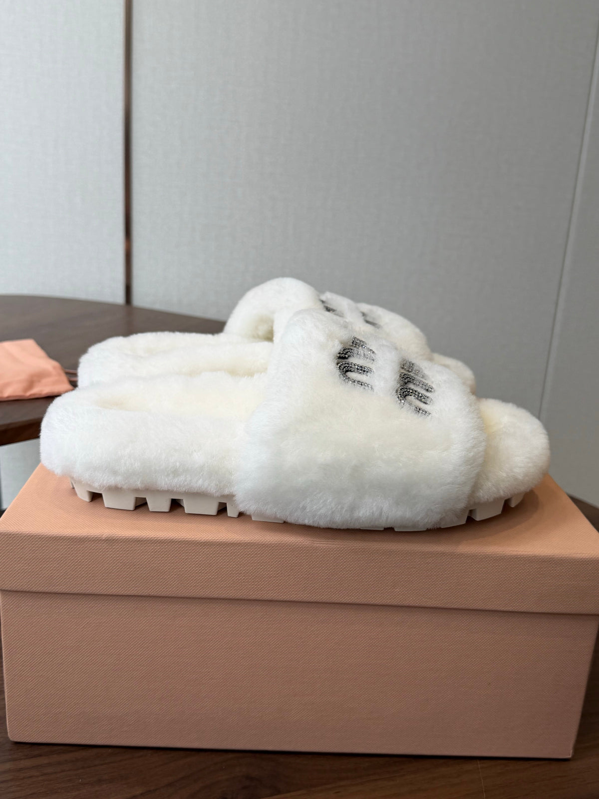 Miumiu 26s Crystal Logo Slides White Shearling