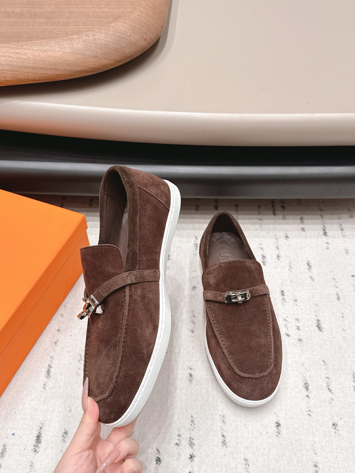 HM 26S Kelly Paris Loafers Dark Brown Suede Silver Hardware