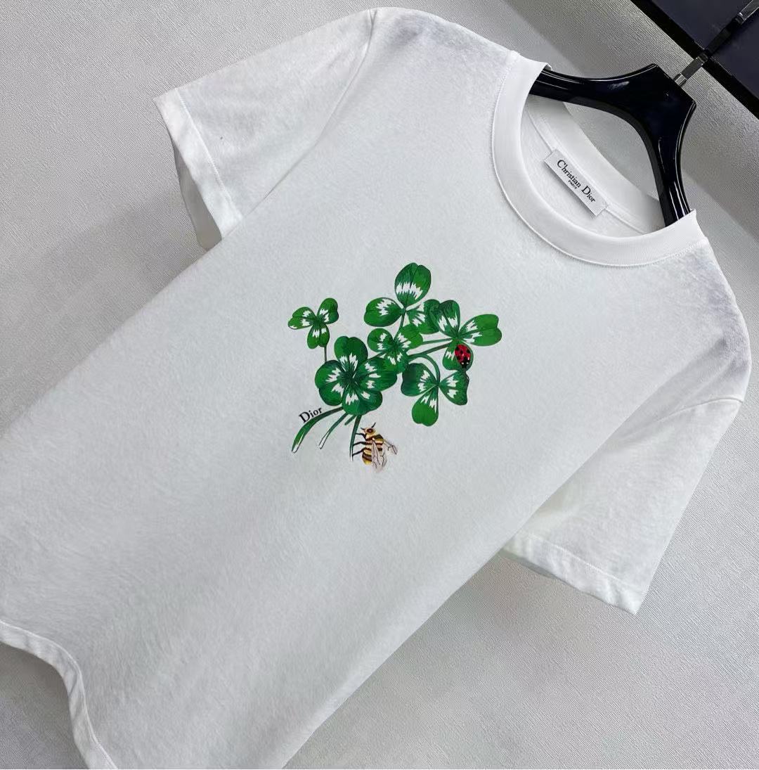 CD Fitted T-Shirt White Cotton Jersey with Green Dior Clover Motif