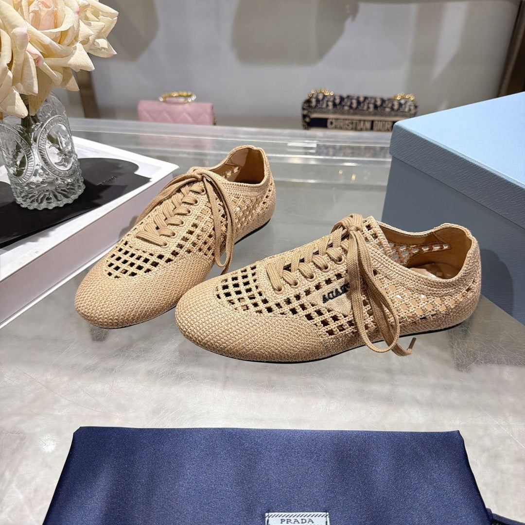 Prada 26s Lace Up Openwork Knit Sneakers Beige Knit Fabric