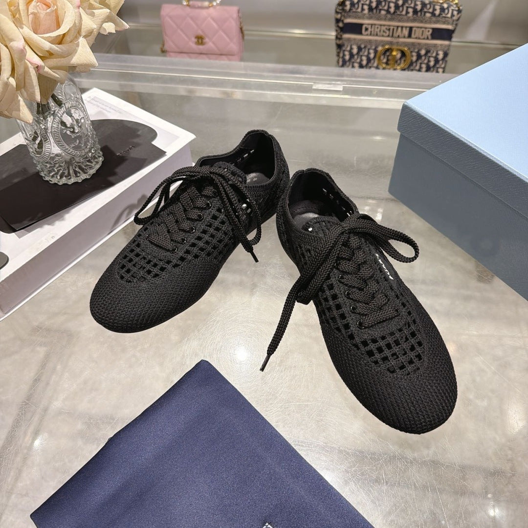 Prada 26s Lace Up Openwork Knit Sneakers Black Knit Fabric