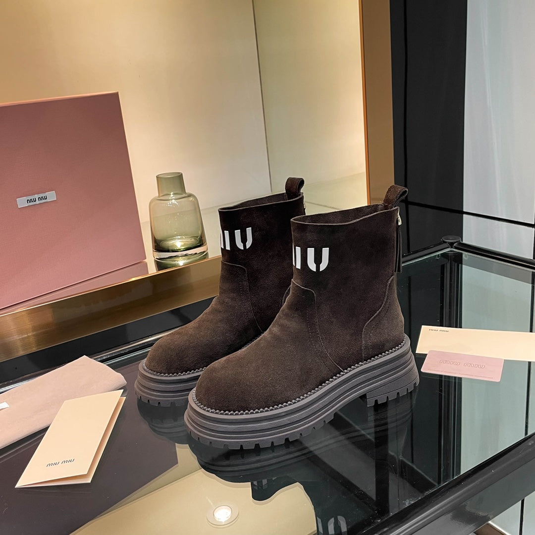 Miumiu 26s Logo Chunky Ankle Boots Dark Brown Suede