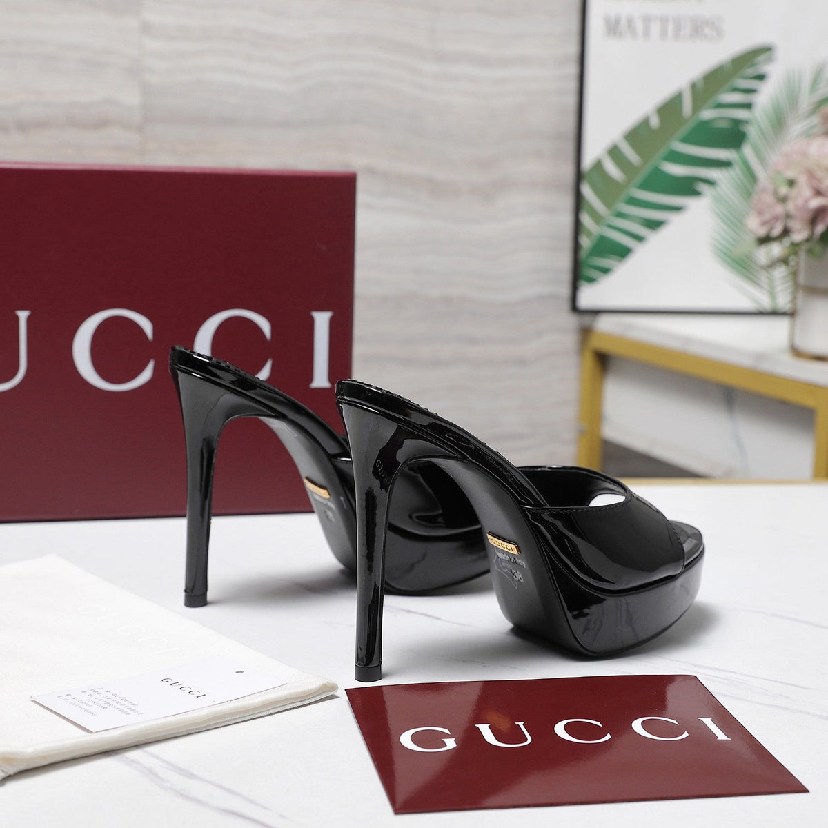 Gucci 26s Heeled Slide Sandals 12cm Black Patent Calfskin