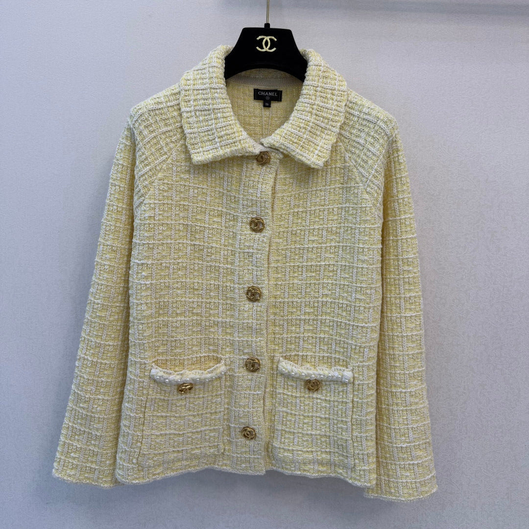 CC 26S Tweed Jacket Classic Collar Button Closure Flap Pockets Yellow Cotton 433640