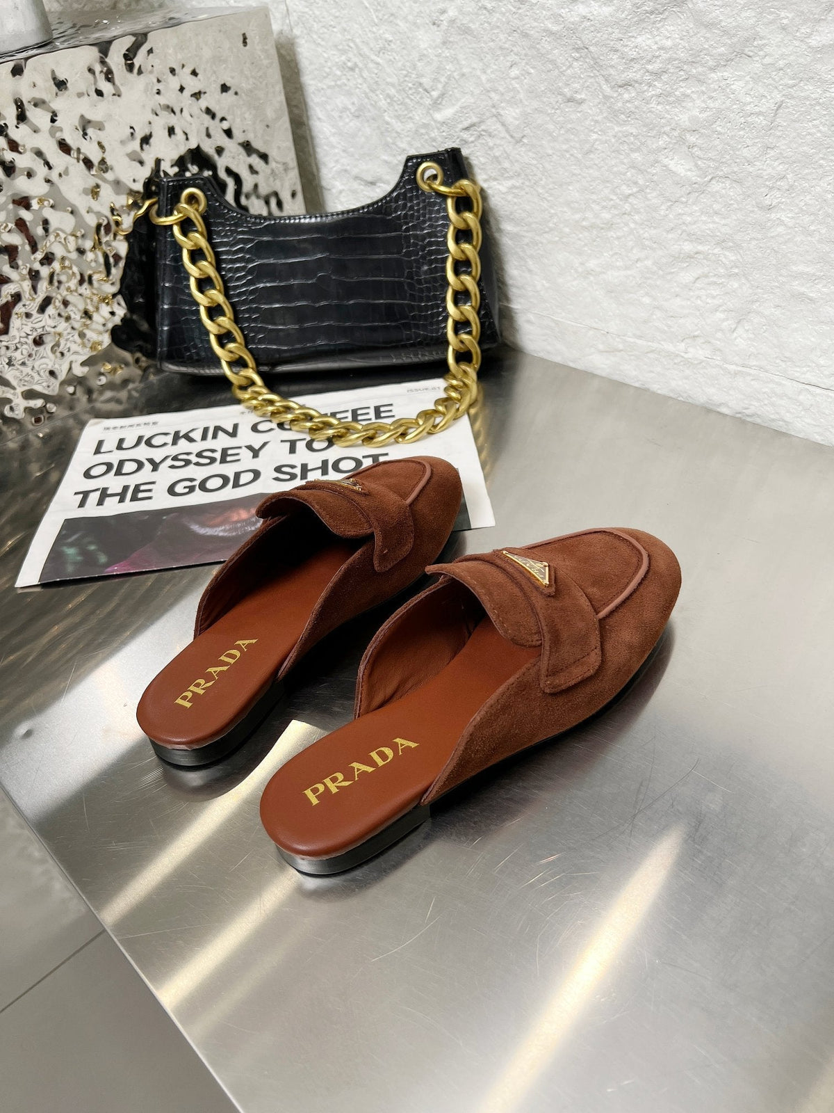 Prada 26s Mule Loafers Chocolate Brown Suede With Logo