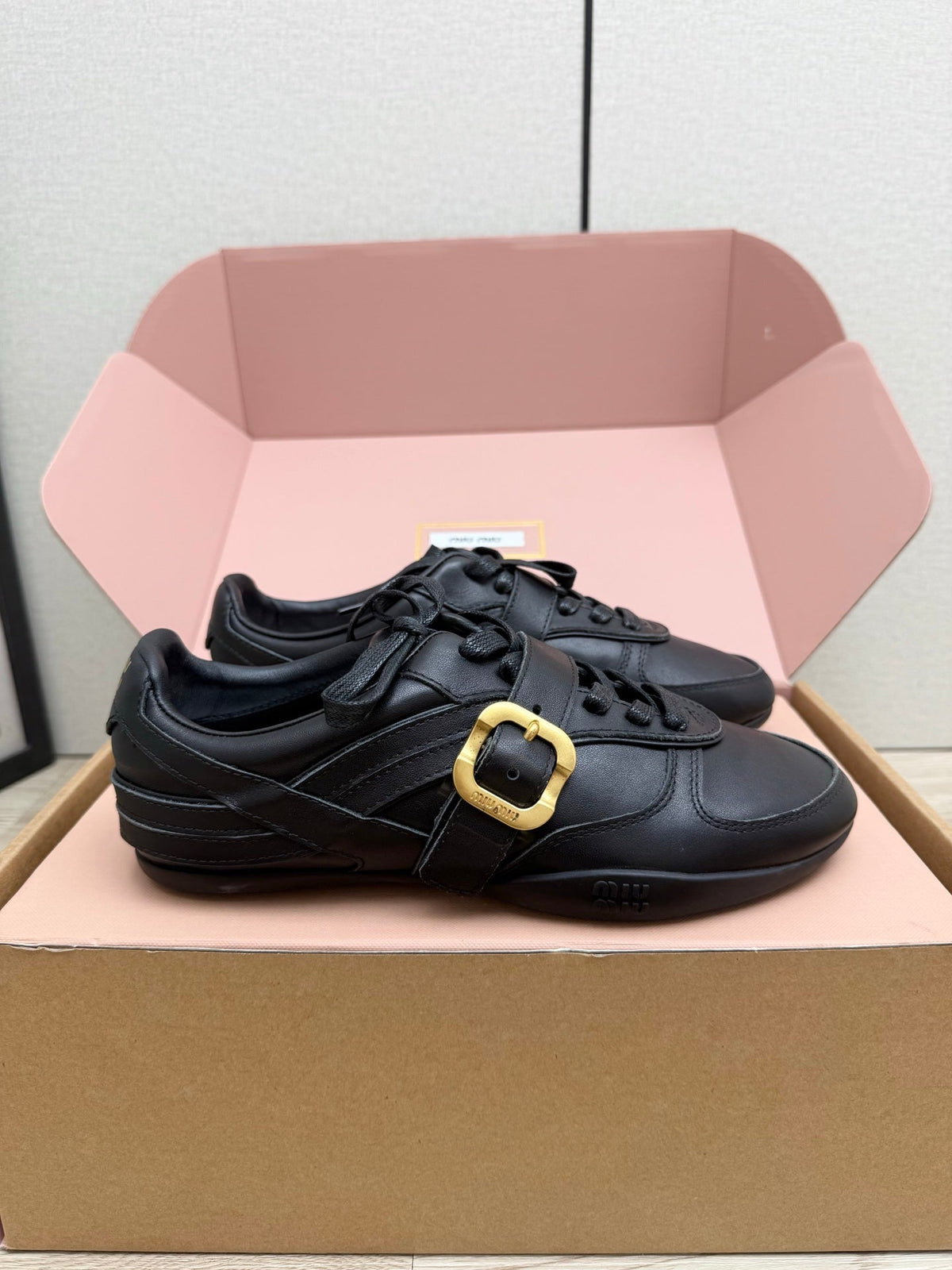 Miumiu 26s Buckle Sneakers Black Calfskin With Gold Hardware