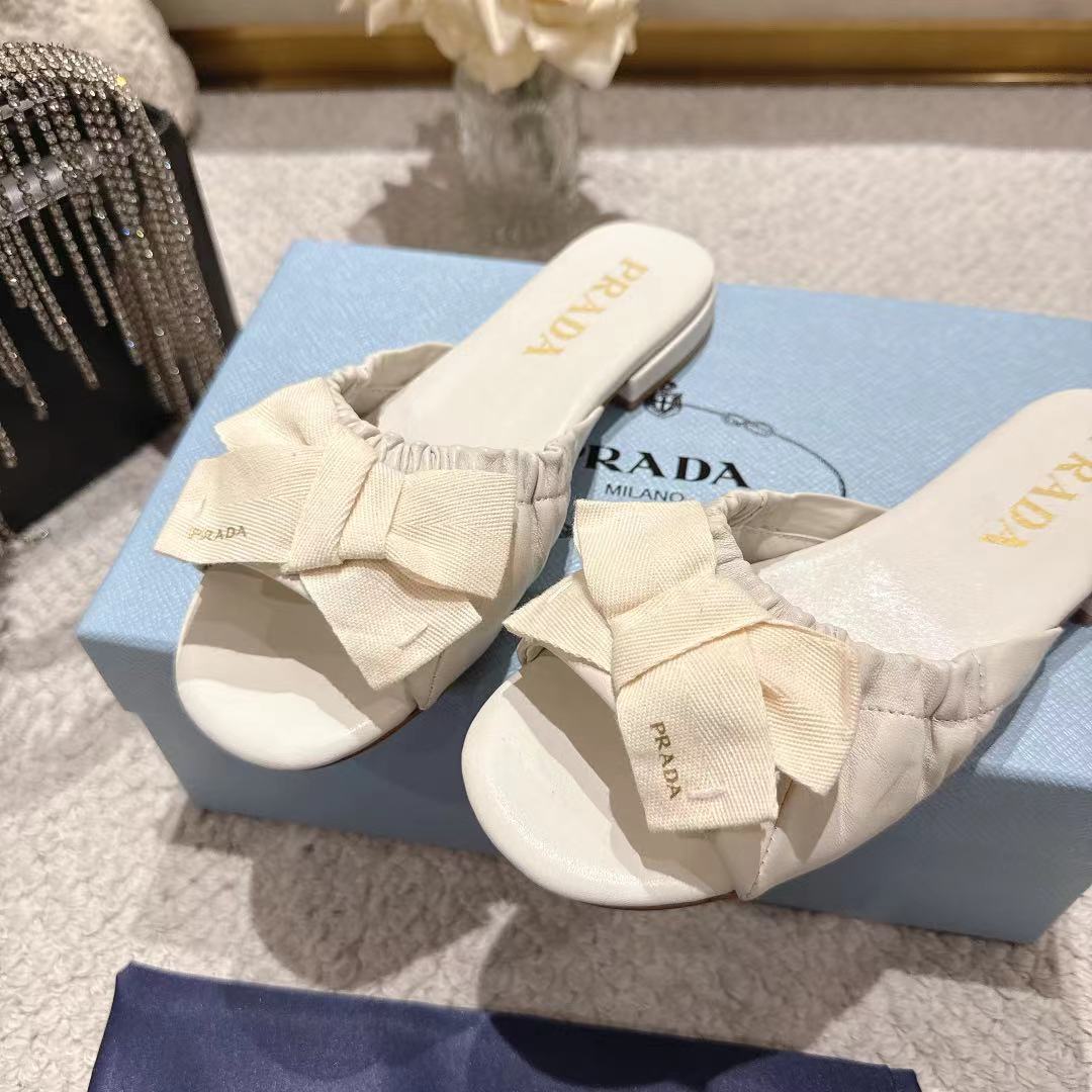 Prada 26s Ruched Bow Slide Sandals Cream White Calfskin