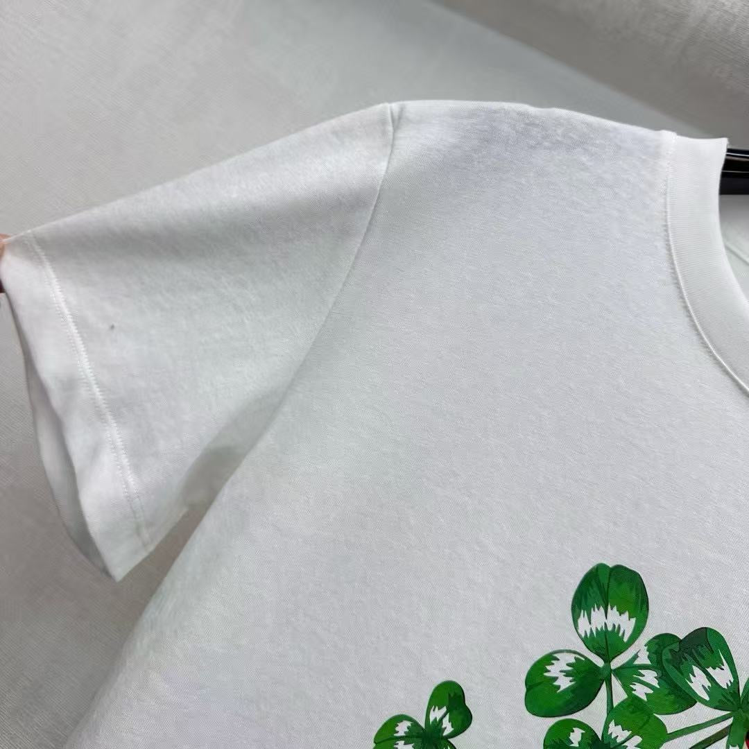 CD Fitted T-Shirt White Cotton Jersey with Green Dior Clover Motif