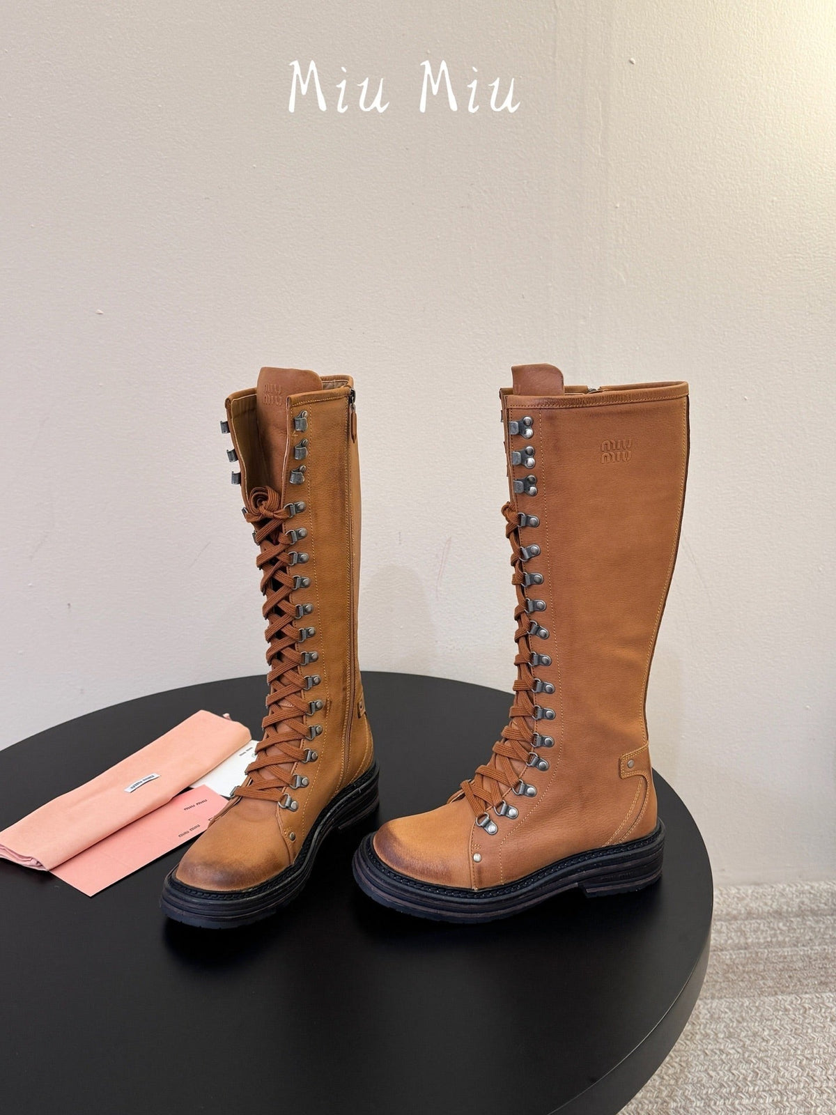 Miumiu 26s High Hiking Boots Camel Brown Calfskin