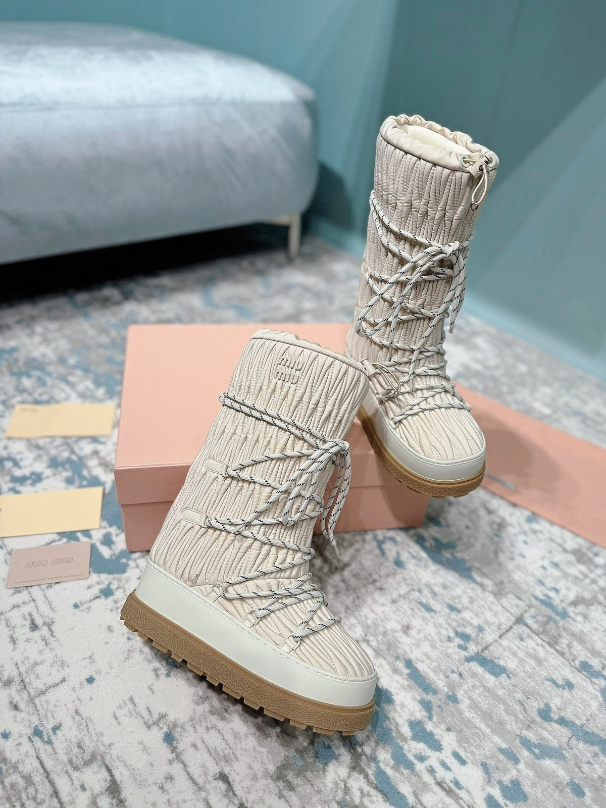 Miumiu 26s Ankle Snow Boots Beige Fabric Style 14