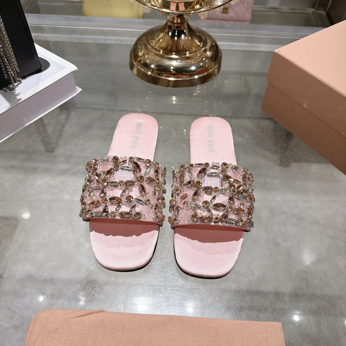 Miumiu 26s Sandals Pink Embellished Silk
