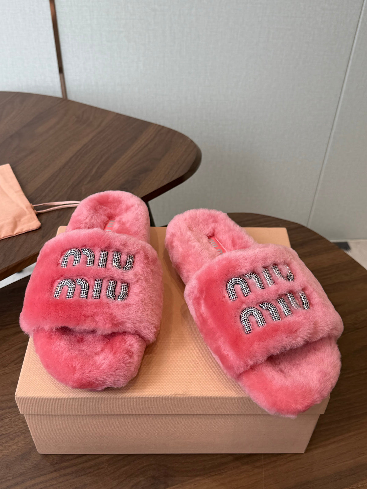 Miumiu 26s Crystal Logo Slides Pink Shearling