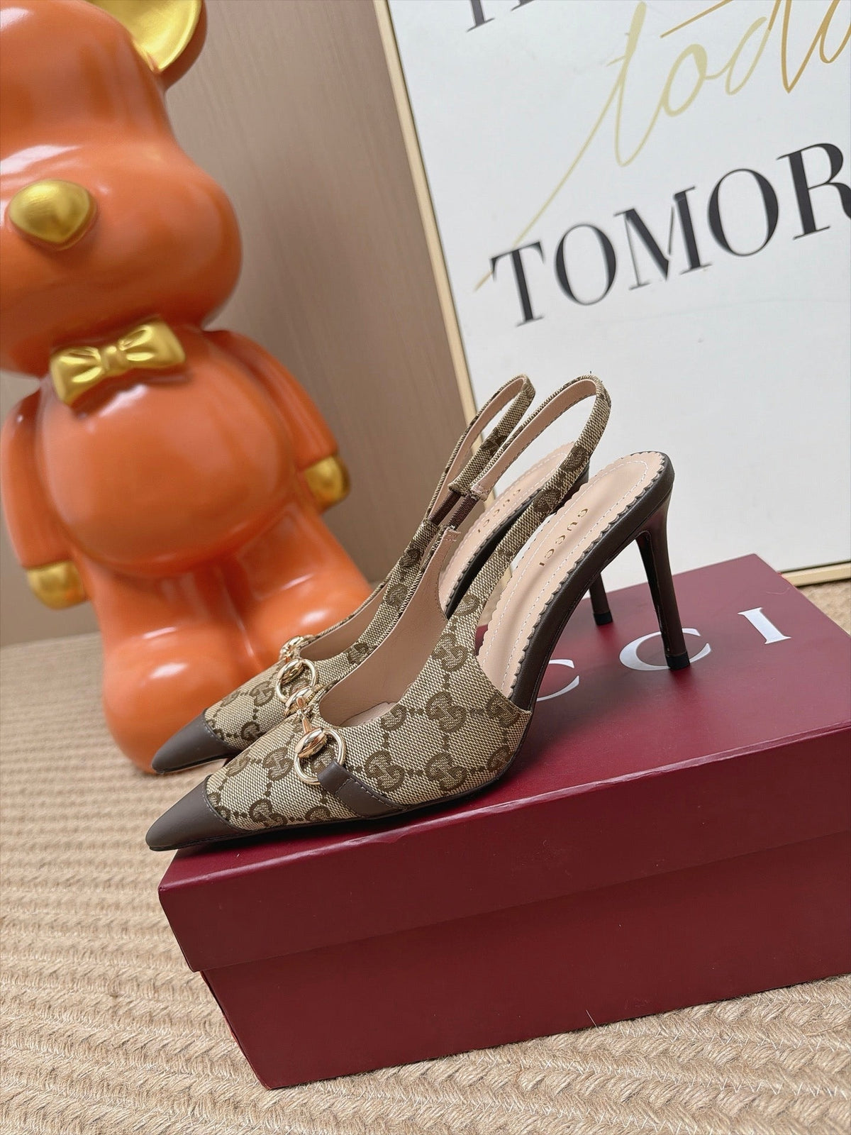 Gucci 26s Slingback Heels 10.5cm Beige Canvas Mix Brown Lambskin