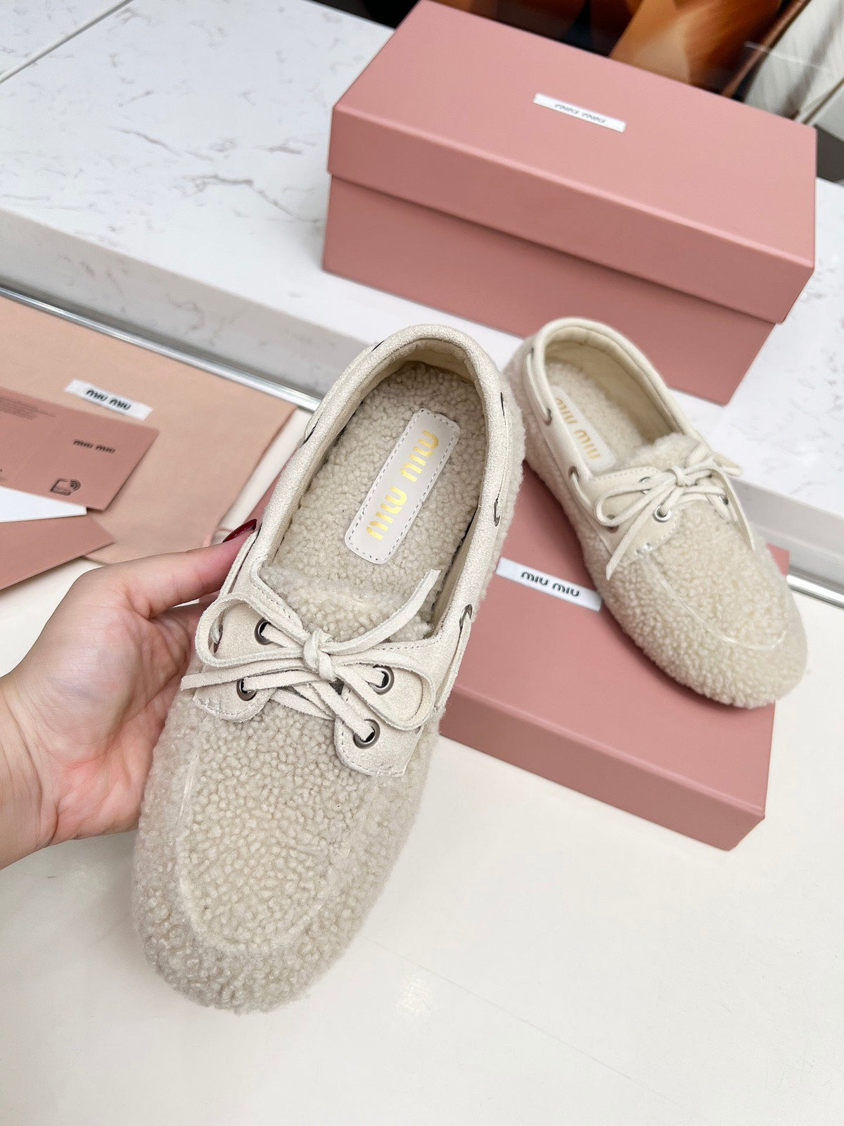 Miumiu 26s Boat Loafers Beige Shearling