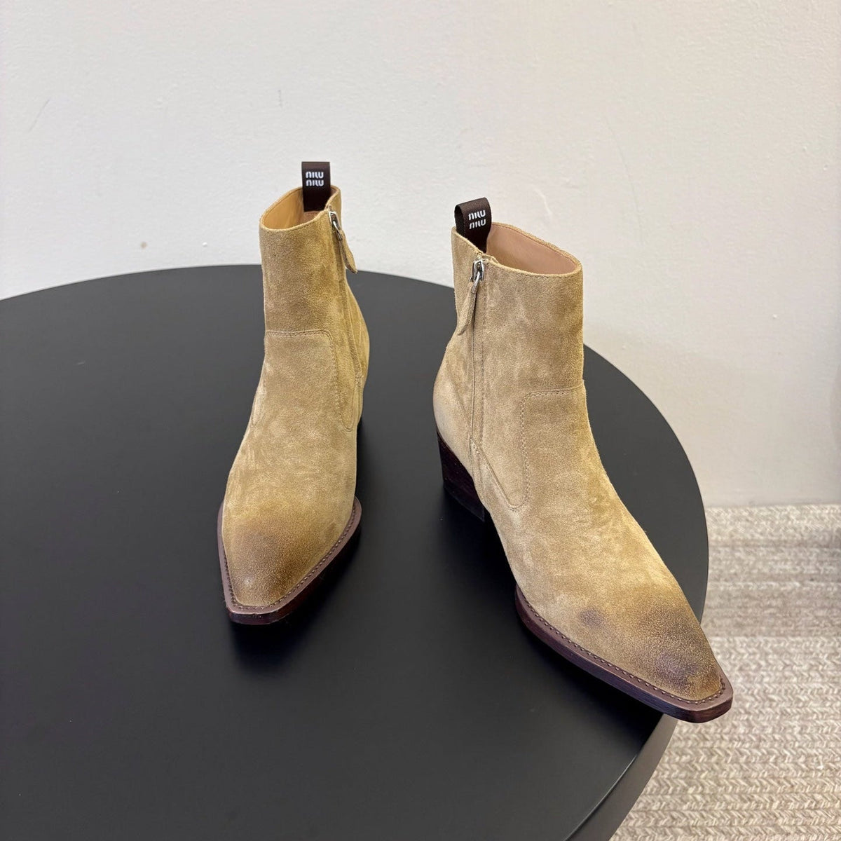 Miumiu 26s Western Ankle Boots Sand Beige Suede