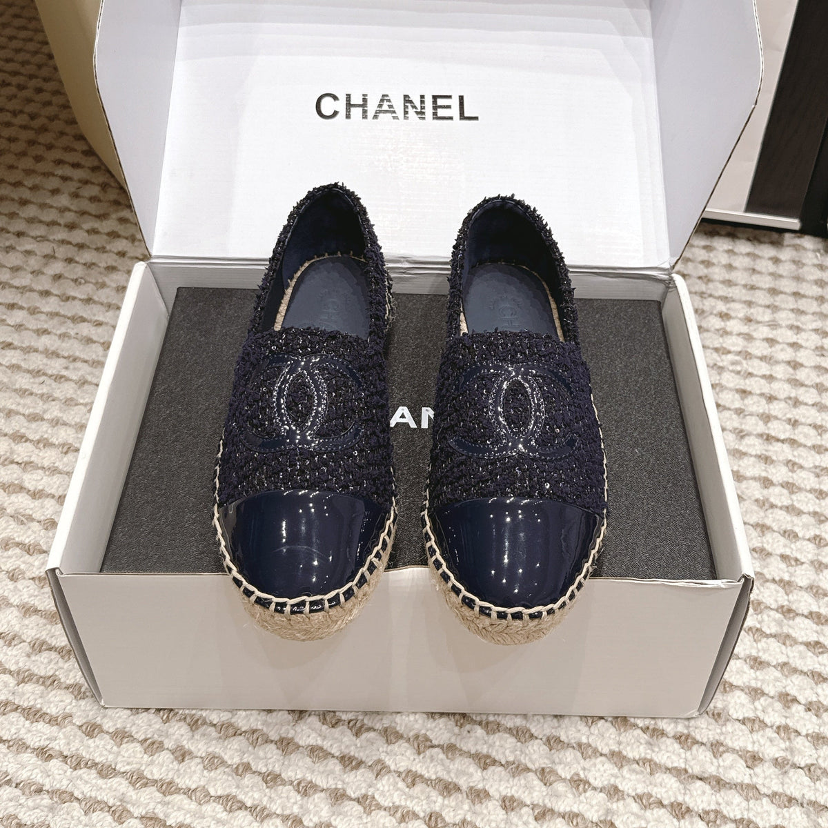 CC 26S Slip-Ons in Navy Blue Tweed and Patent Calfskin