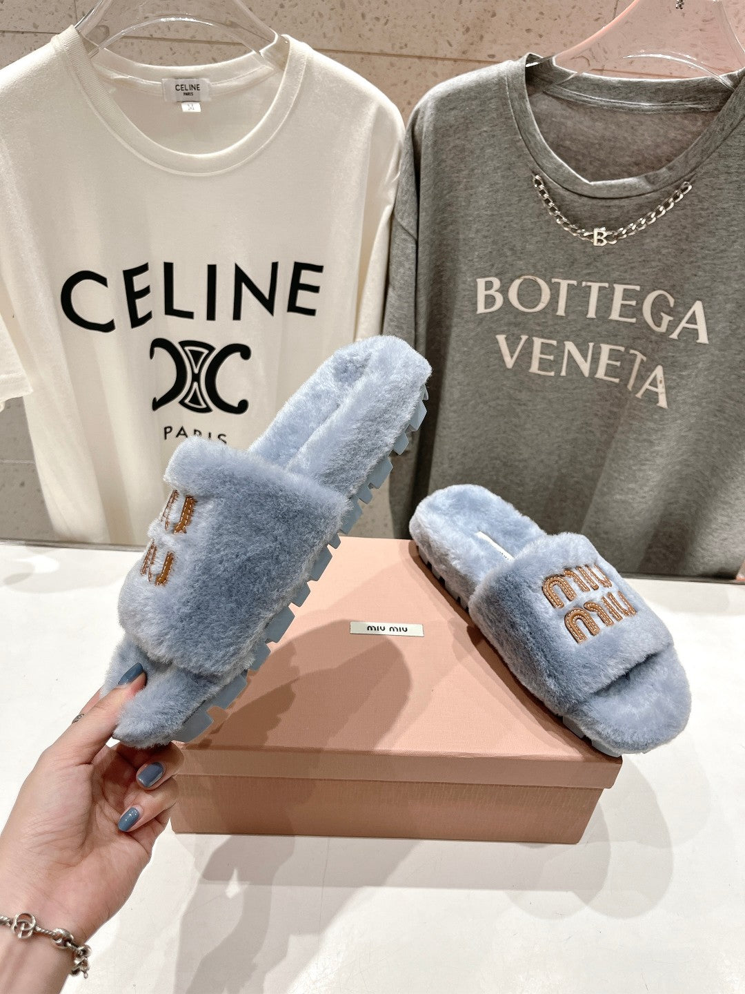 Miumiu 26s Flat Slides Pastel Blue Shearling