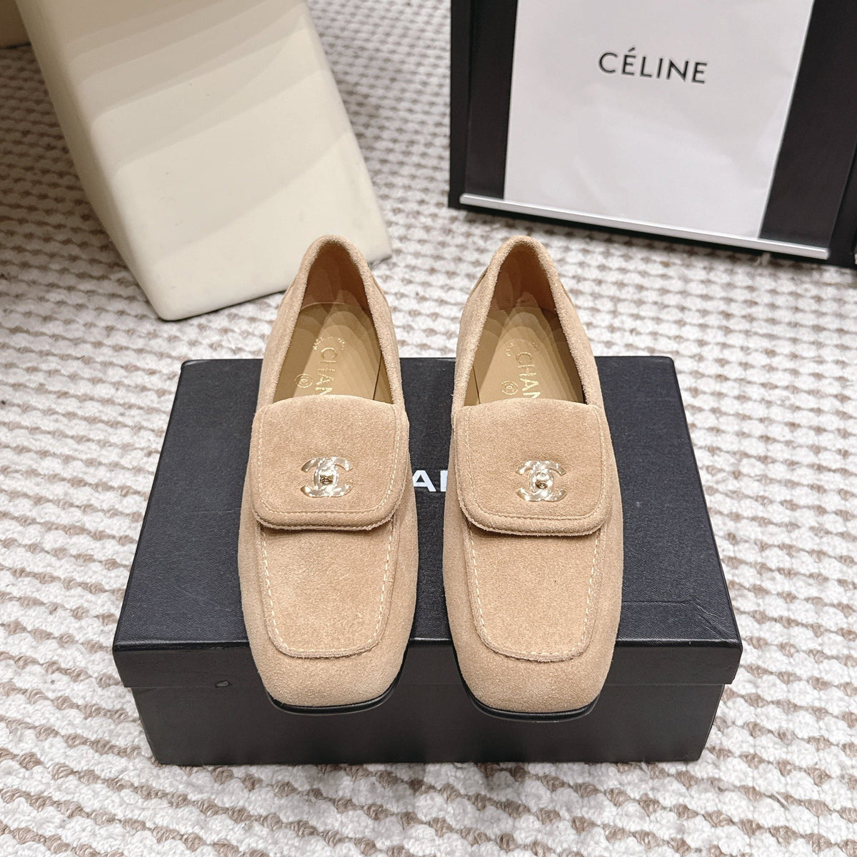 CC 26S Loafers in Beige Suede with Gold-Tone CC Logo