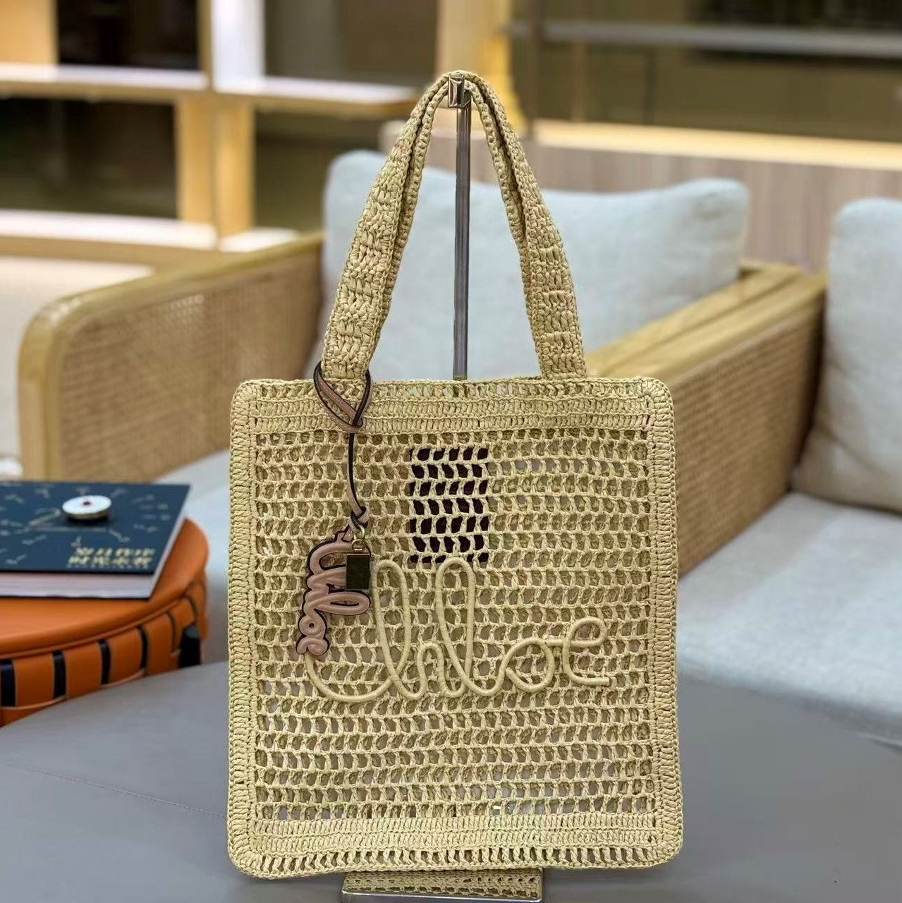 Chloé Summer Banana Crochet Tote Bag Raffia With Leather Trim