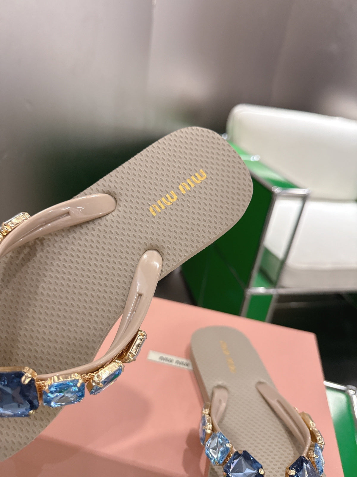 Miumiu 26s Thong Sandals Beige Eva Crystal-embellished