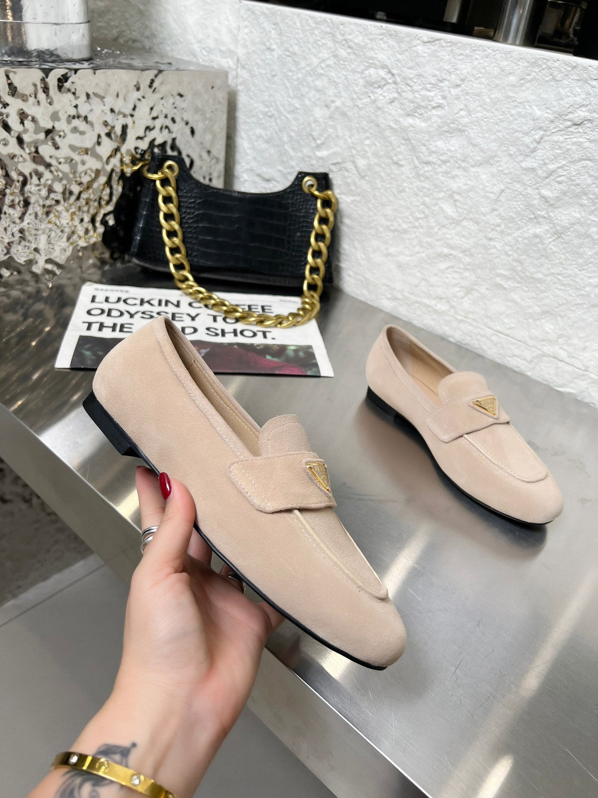 Prada 26S Classic Loafers Nude Beige Logo Suede