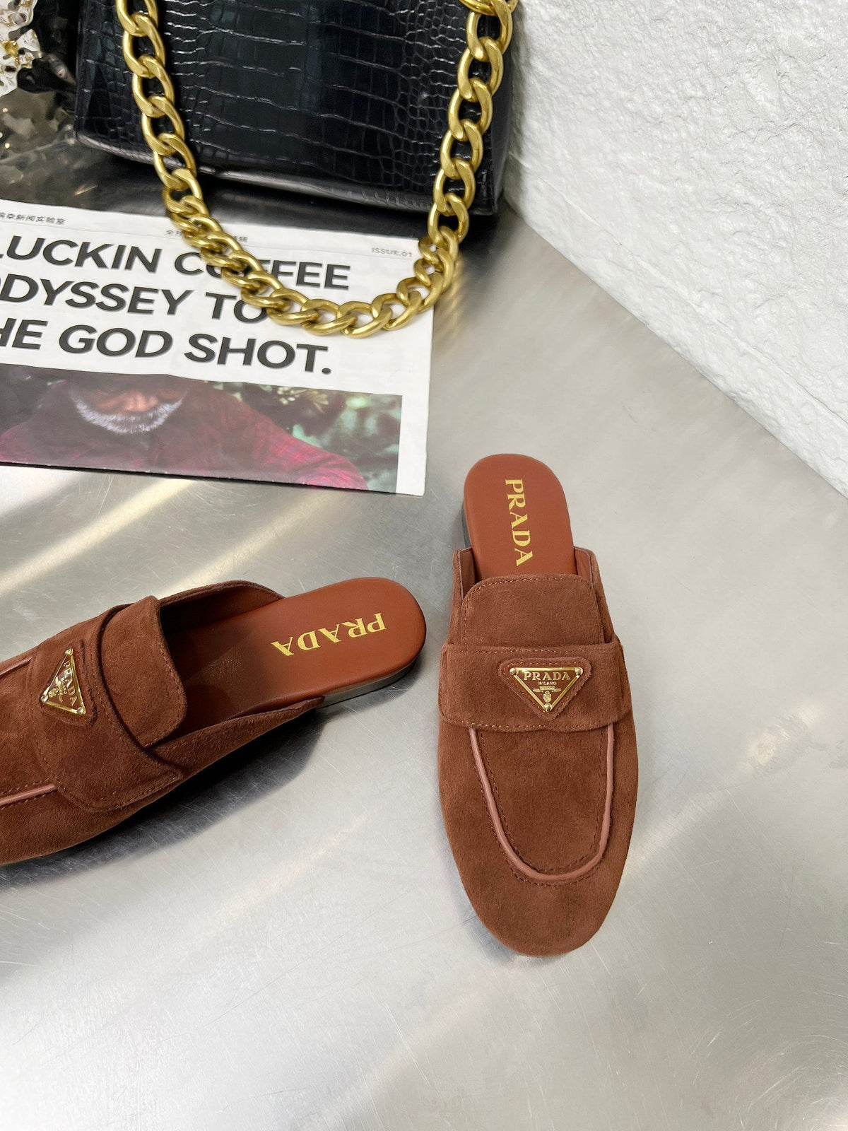Prada 26s Mule Loafers Chocolate Brown Suede With Logo