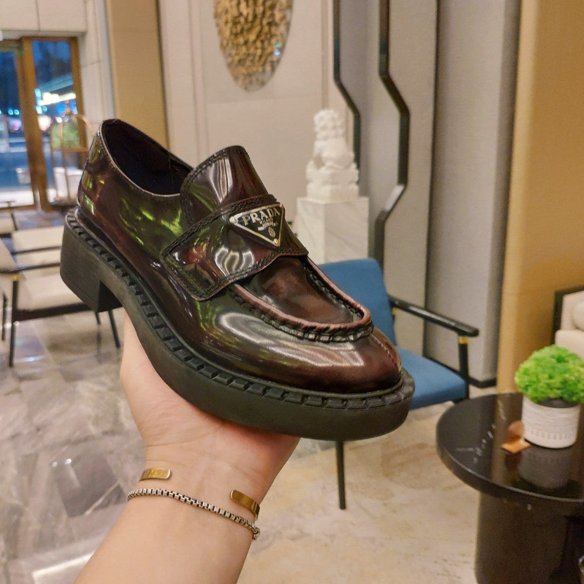 Prada 26S Penny Loafers 55mm Burgundy Red Patent Calfskin