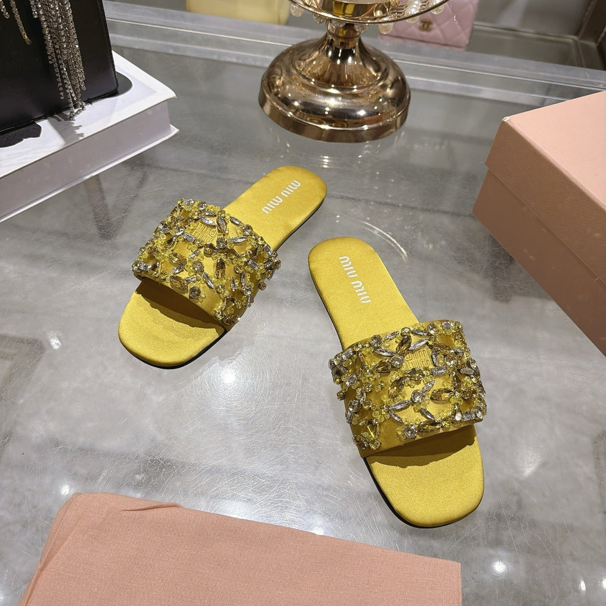 Miumiu 26s Sandals Yellow Embellished Silk