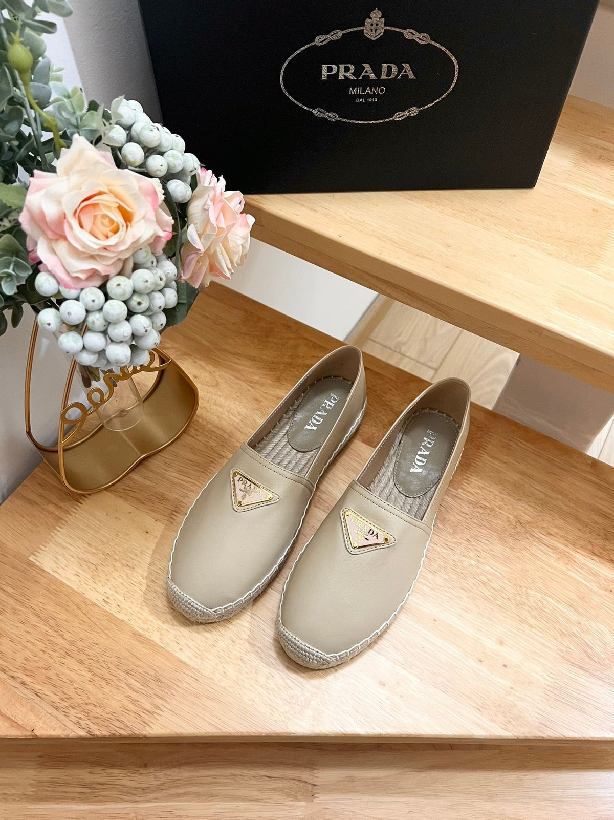 Prada 26s Logo Espadrille Slip On Flats Dark Beige Calfskin