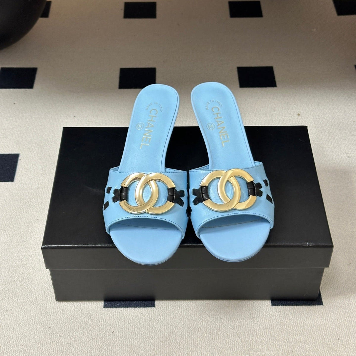 CC 26S High Heel Mule in Light Blue Lambskin with Gold-Tone CC Logo