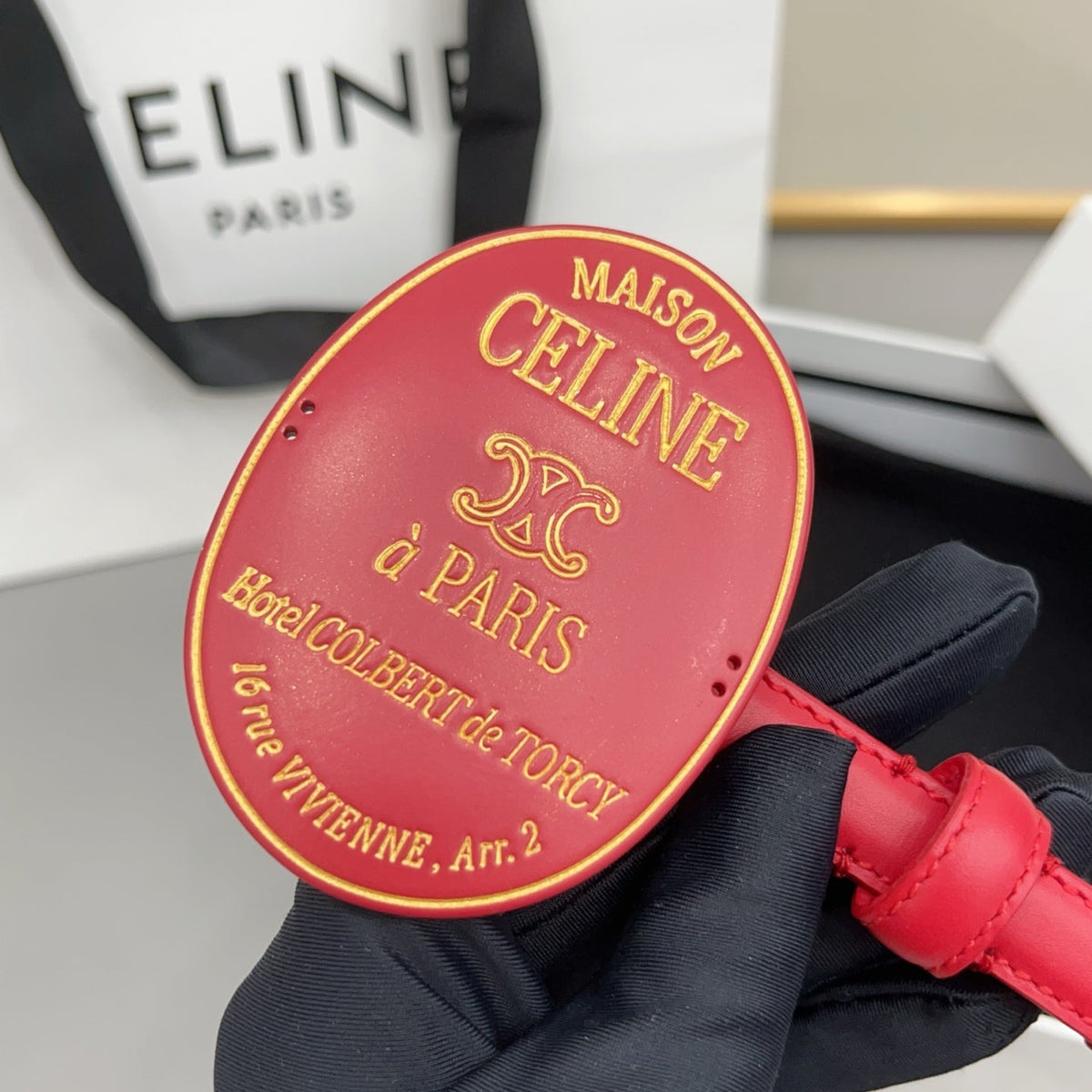 Celine 2026 Triomphe Slim Oval Badge Buckle Belt 13mm Red Leather