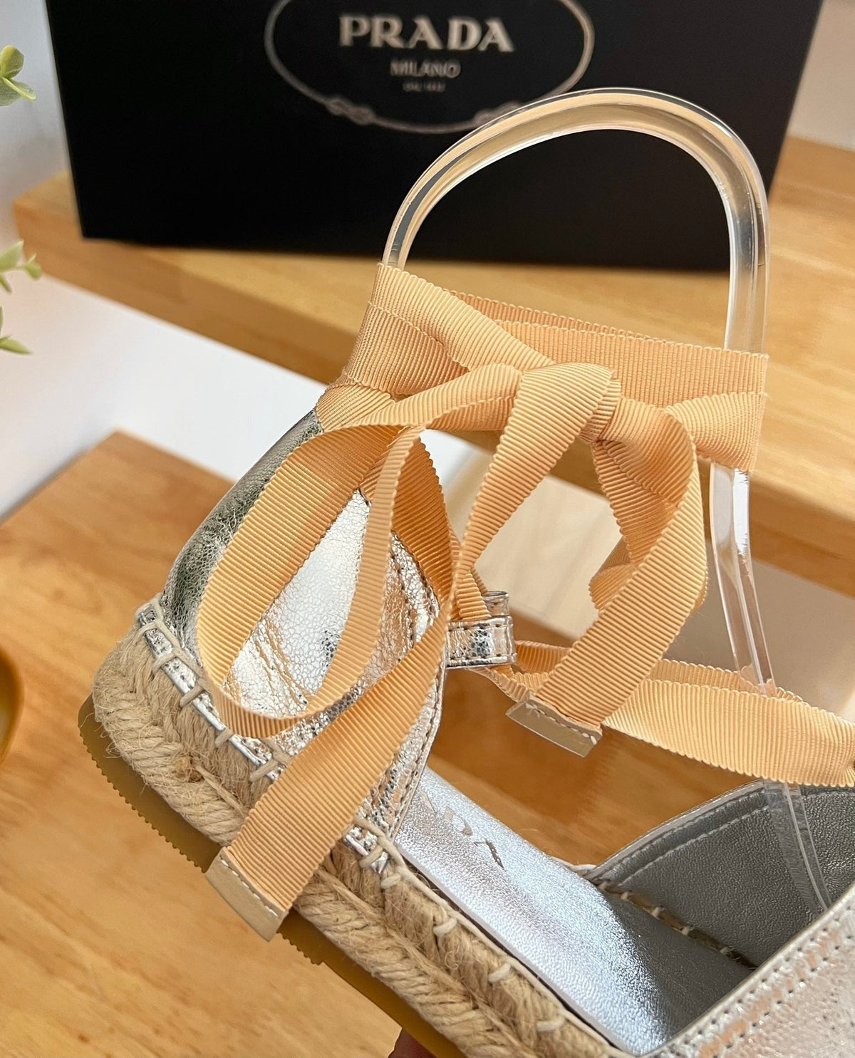 Prada 26s Lace Up Espadrille Flats Silver Calfskin