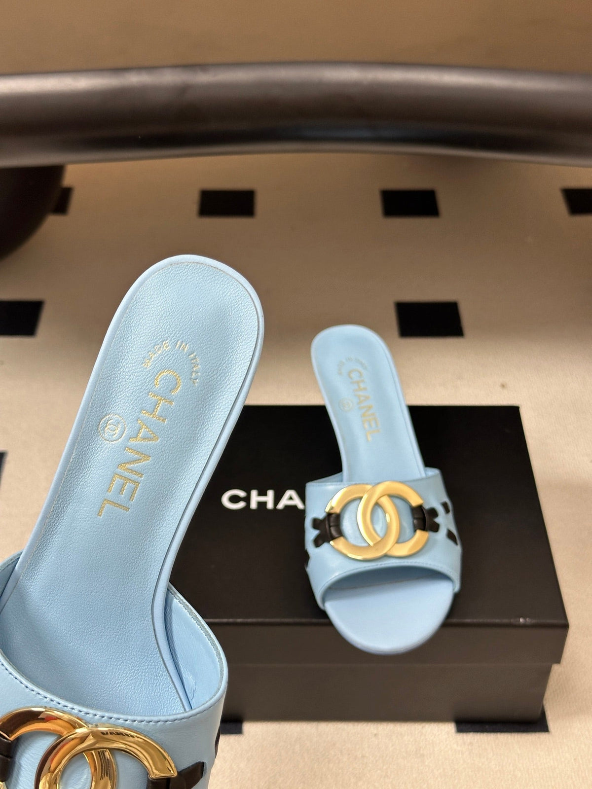 CC 26S High Heel Mule in Light Blue Lambskin with Gold-Tone CC Logo