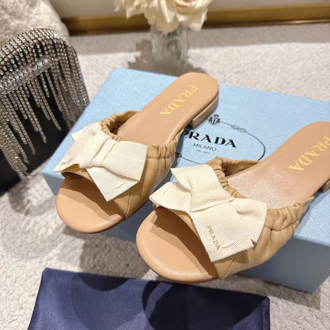 Prada 26s Ruched Bow Slide Sandals Beige Calfskin
