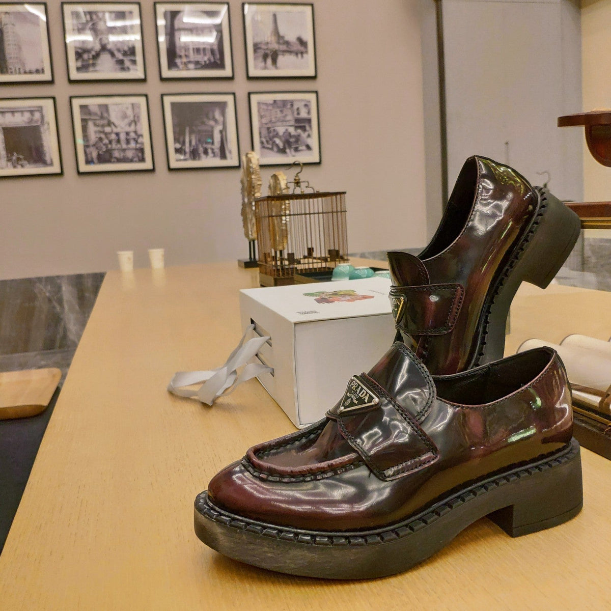 Prada 26S Penny Loafers 55mm Burgundy Red Patent Calfskin