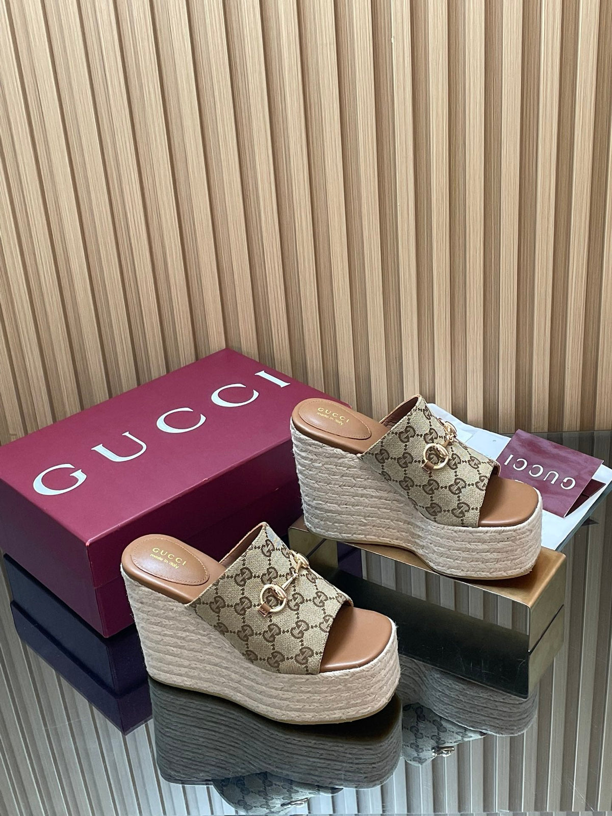 Gucci 26S Wedge Sandals 11Cm In Beige Canvas GG Monogram