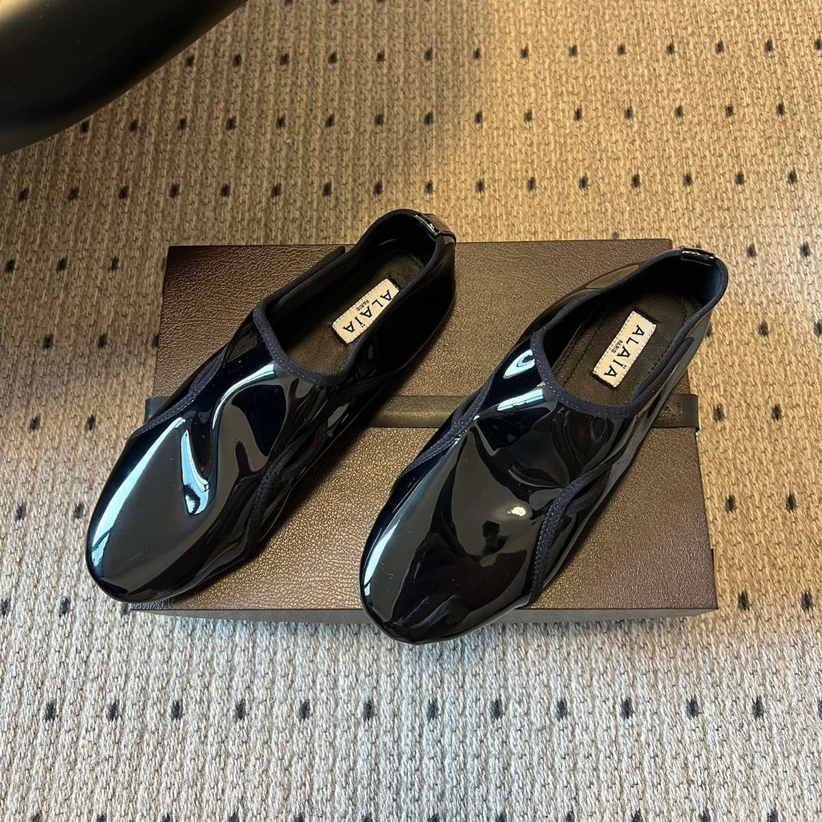 Alaia Criss Cross Ballet Flats Black Patent Cowhide Leather