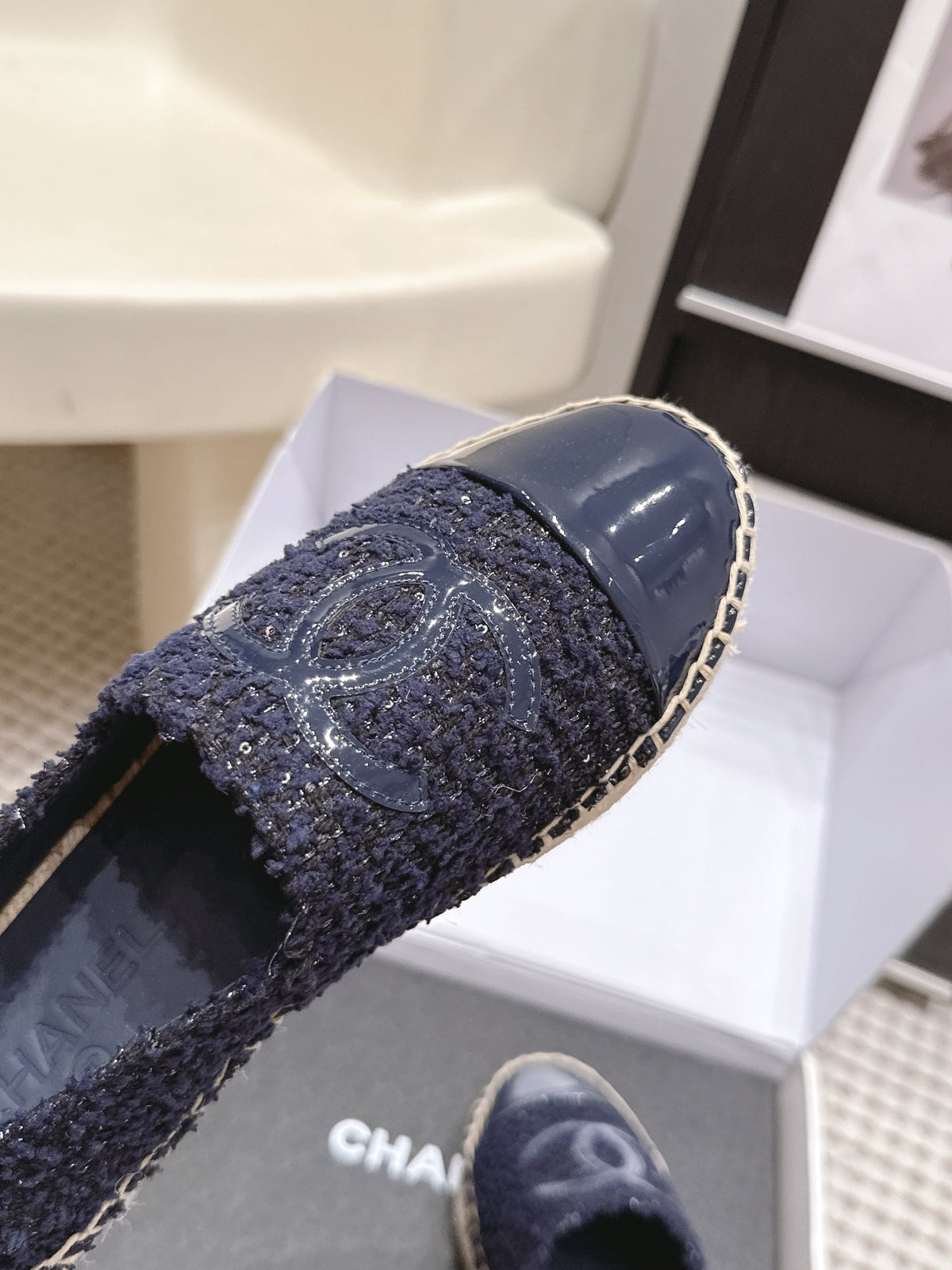 CC 26S Slip-Ons in Navy Blue Tweed and Patent Calfskin