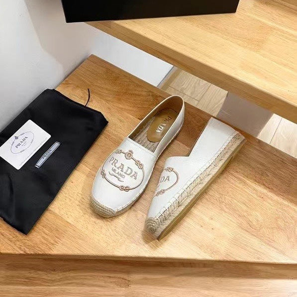 Prada 26s Embroidered Logo Espadrille Flats White Calfskin