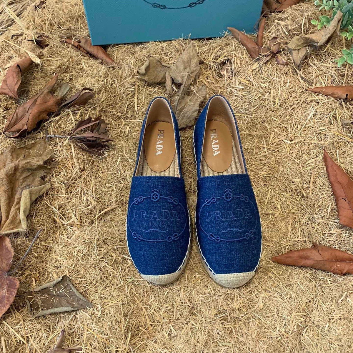 Prada 26s Espadrille Flats Blue Denim Embroidered Logo