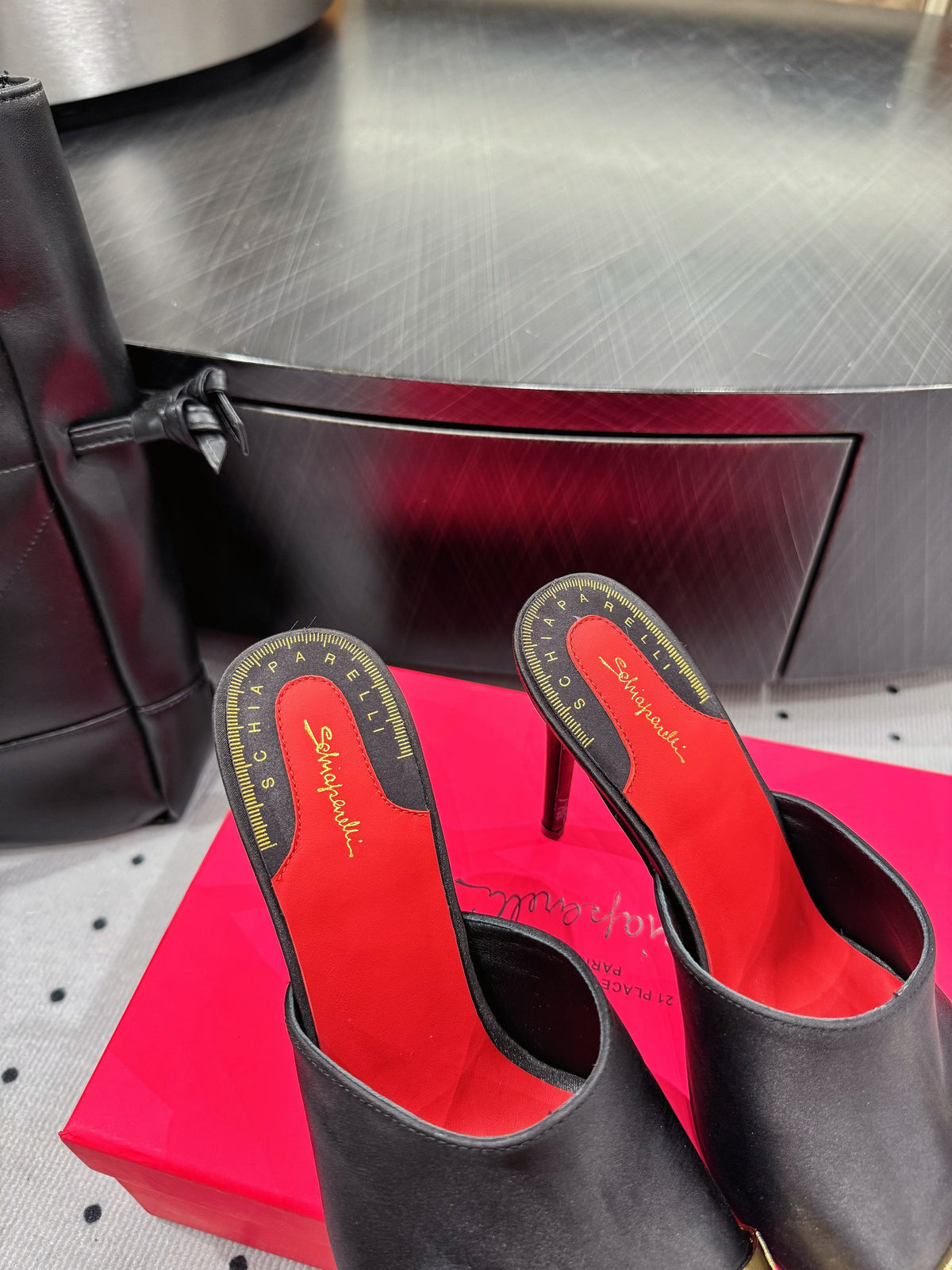 MS Trompe L'oeil Toe Mules 10.5cm  Black Gold Leather Blend With Silk