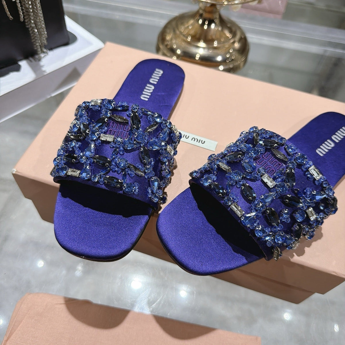 Miumiu 26s Sandals Purple Embellished Silk