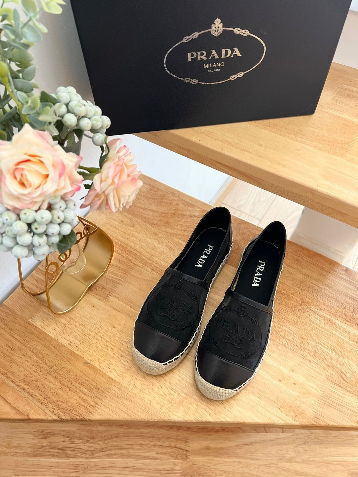 Prada 26s Embroidered Logo Espadrille Flats Black Mesh Calfskin