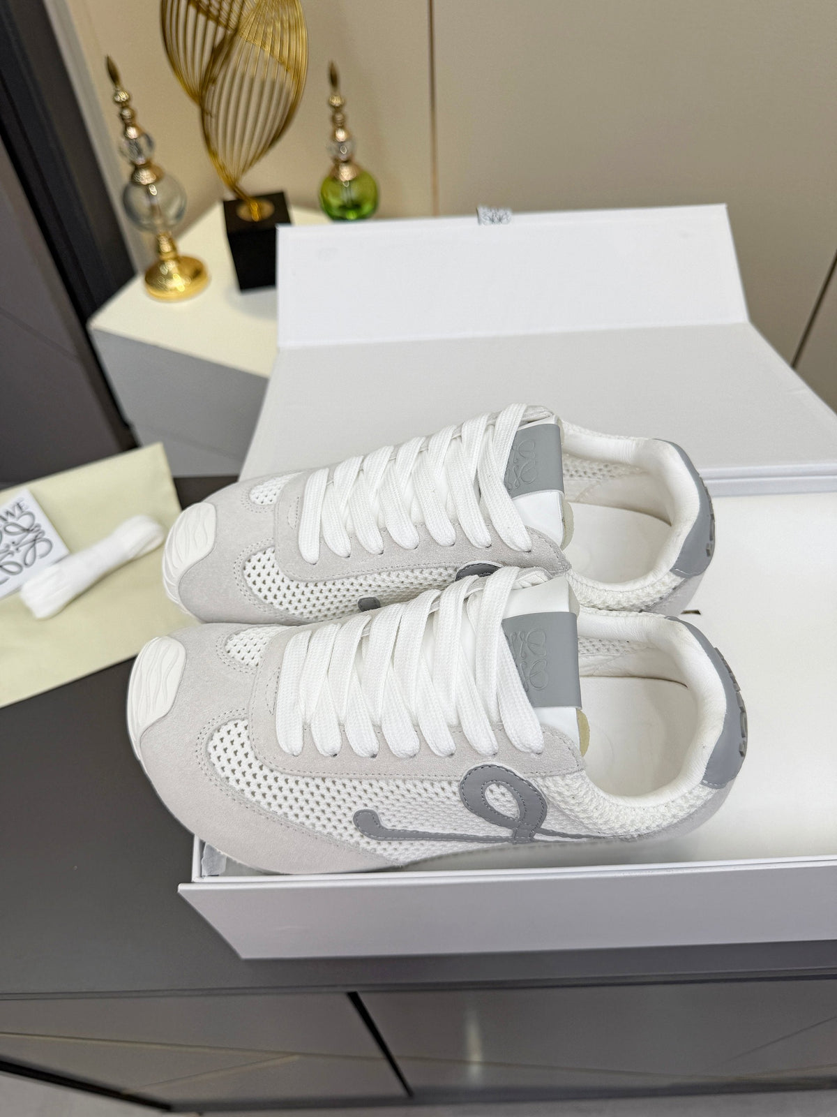 Loewe 26S Runner 2.0 Sneakers in Light Grey Suede and White Mesh Fabric